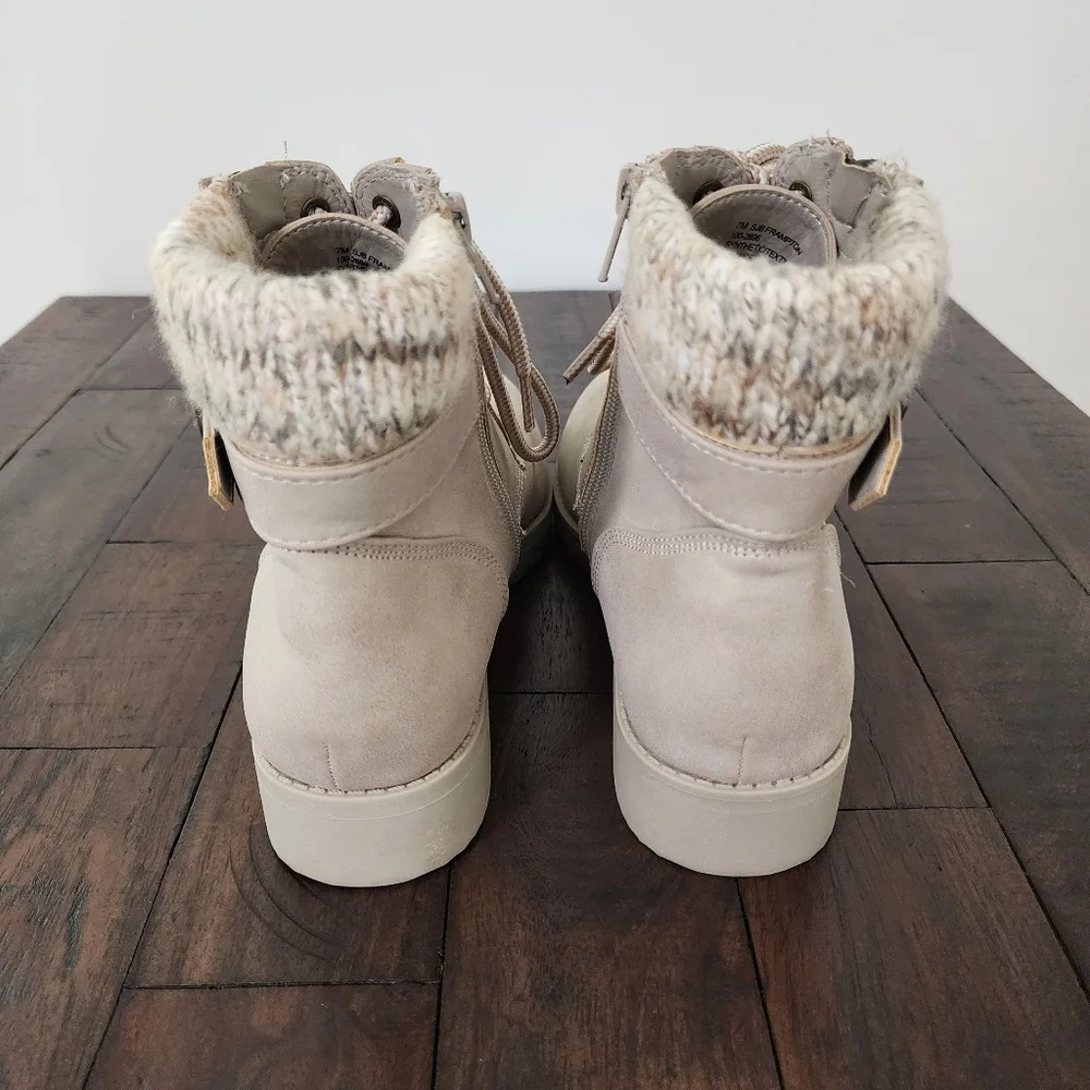 St. John's Bay Frampton Taupe Lace-up Knit Cuff Buckle Boots Sz 7 Classic Casual - Picture 12 of 12